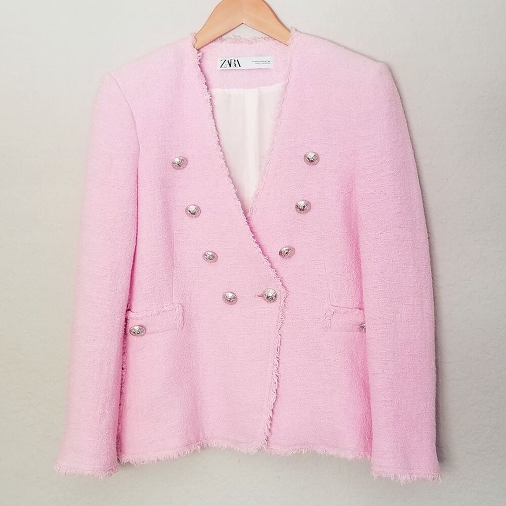 Zara Pink Tweed Blazer Jacket Metallic Buttons XS Blogger's Favorite Romantic - Picture 5 of 16